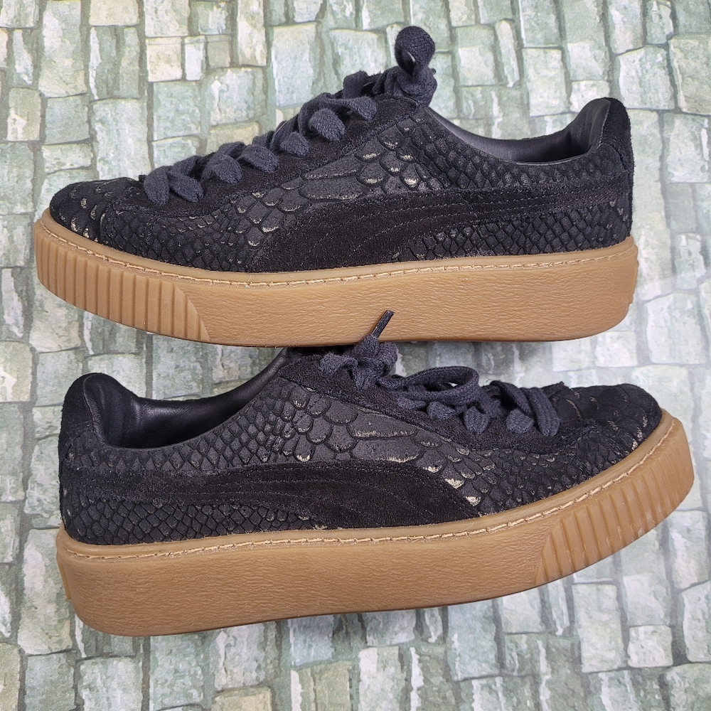Puma platform sneaker black snake gator scale suede black gold gum wmn sz 8